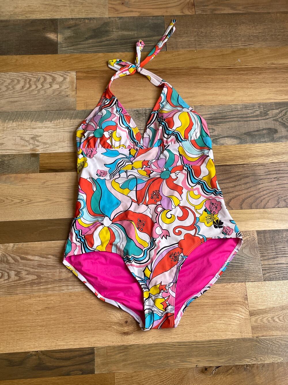 Hapari Floral One Piece Halter Swimsuit L Retro Mod Resort Beach Pool